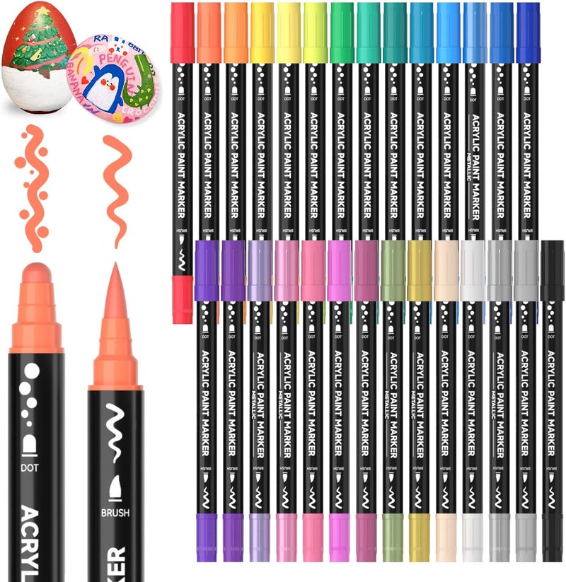 Shuttle Art 28 Colors Dual Tip Acrylic Paint Markers, Brush Tip and Dot Tip Acrylic Paint Pens for Rock, Ceramic, Wood, Canvas, Plastic, Glass, Stone, Calligraphy, Card Making, Crafts & Nail Art - Image 1